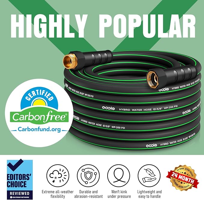Garden Hose 50ft with 10 Function Nozzle, NON-EXPANDABLE Flexible Water Hose, Kink Resistant Lightweight Hybrid Hose, Leakproof Hose Male to Female Fittings