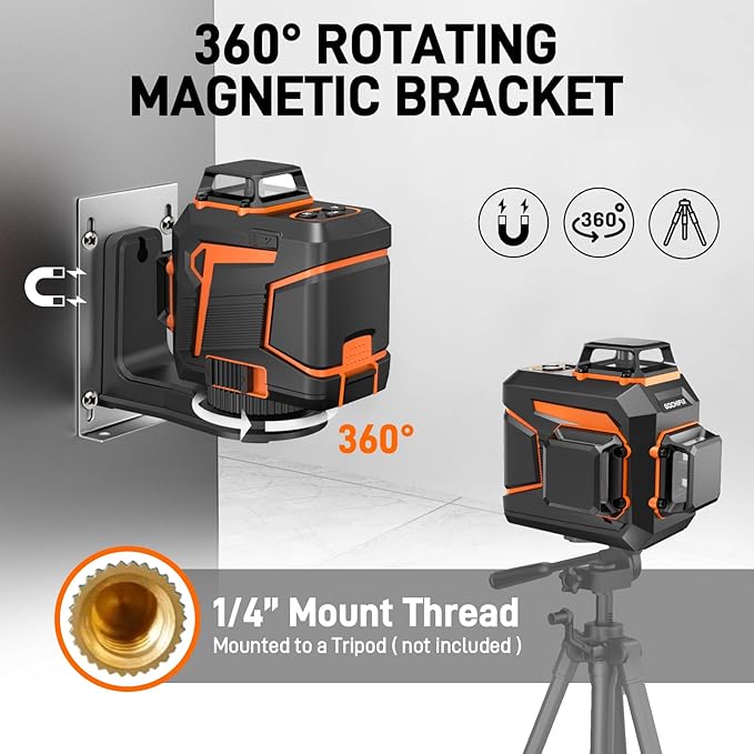 Laser Level 360 Self Leveling Green Line Laser Level Tool Wall Suction Stand Receiver 100ft Line Laser for Picture Hanging Outdoor Rechargeable Battery,3x360