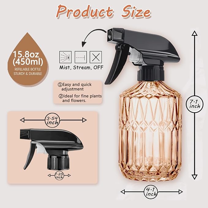 Glass Handheld Spray Bottle, 15oz Refillable Water Bottle Spray, Reusable Adjustable Nozzle Plant Mister Spray Bottles Indoor, Plant Mister for Hair, Cleaning, Gardening, Pets Care (Orange)