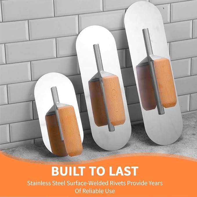 Lasnten 3 Piece Pool Trowel, Stainless Steel Finishing Masonry Trowel Set Includes 14" x 4", 12" x 4", 8" x 3", Lightweight Wooden Handle, for Drywall Concrete Cement Plastering Tool(Round Head)