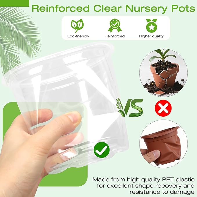 7/6/5/4/3 Inch Clear Nursery Pots with Drainage Trays, 25 Pack Plastic Pots for Plants, Clear Pot for Seed Starting, Transplanting, Succulents, and Indoor Gardening (3+4+5+6+7 inch)