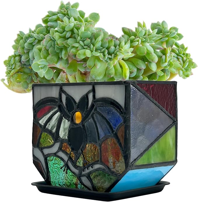 Stained Glass Bat Planter with Drainage Holes, Cute Planter Pots for Indoor Plants, Halloween Stained Glass Bat Decor, Bat Suncatcher Flower Pot, Bat Gifts 4.6x5.15x3 in