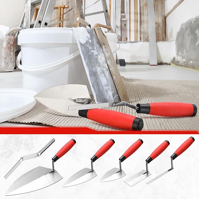 Lasnten 6 PCS Masonry Hand Tool Set 11" x 5-1/2" Philadelphia Brick Trowel 2 Pointing Trowel 5 x 2'' Margin 1/2" Tuck 5/8'' x 1/2'' Convex Brick Jointer Soft Grip Handle Concrete Towel Tool Finishing