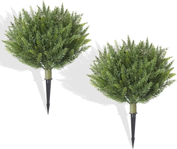 Set of 2 Artificial Cypress Christmas Topiary Shrubs, 20" UV-Resistant Faux Outdoor Plants with Ground Spikes — Realistic Cedar Bushes for Porch, Patio, Garden, Yard Décor