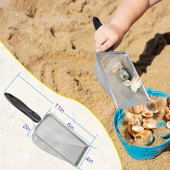 Beach Sand Sifter, 3 Beach Sifting Sand Telescoping Pole Sets with Scoops, Baskets, Mesh Bag, for Picking Up Shells Shovels Shark Teeth