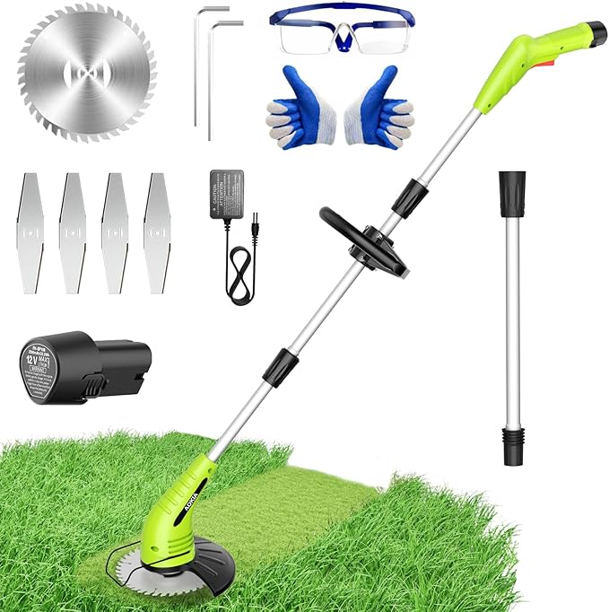 Electric Weed Wacker: Grass String Trimmer with 12V 2.0Ah Batteries & Fast Charger - Cordless Lightweight Cutter/Edger/Mower with 2 Types Blades for Garden Yard Lawn, Green