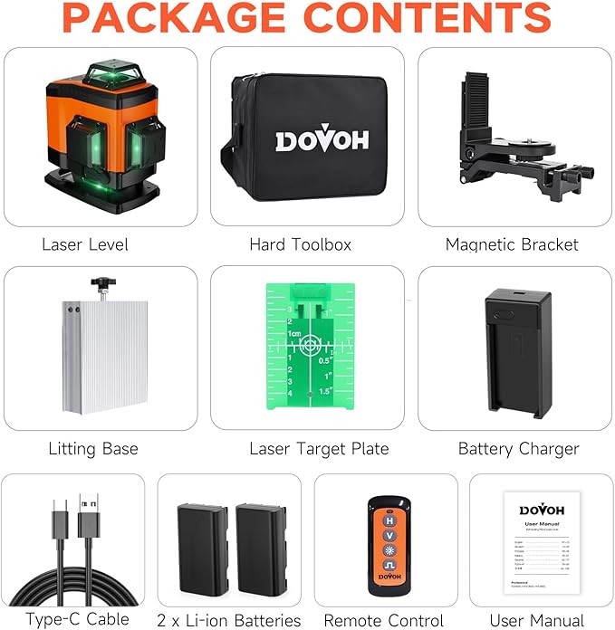 4x360° Laser Level 360 Self Leveling, 16 Line Laser Leveler for Construction Floor Tiling and Ceiling Rechargeable Green Beam 4D Plane Magnetic Bracket Included, K4-360G