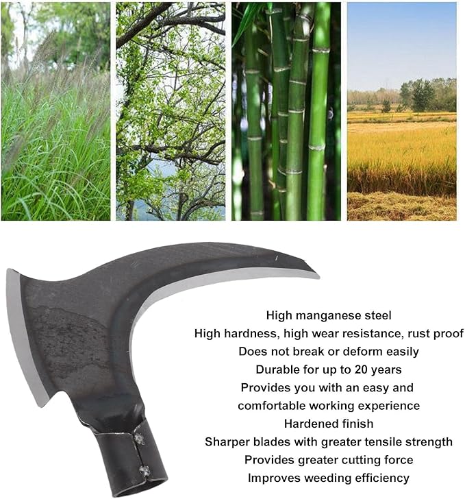 Grass Sickle, Manganese Steel Portable Held Sickle Tool Grass Lawn Gardening Farming Weed Remover Scythe Blade Cutter Grafting Knife for Outdoor Gardening, Clearing Vines (Single Cutter Head)