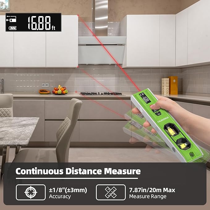 Huepar 3-in-1 Laser Level /65Ft Laser Distance Measure/Magnetic Torpedo Level, 9 in Spirit Level with LED Display and Lighted Bubble, Type C Rechargeable Magnetic Laser Leveler Tool - VJ10