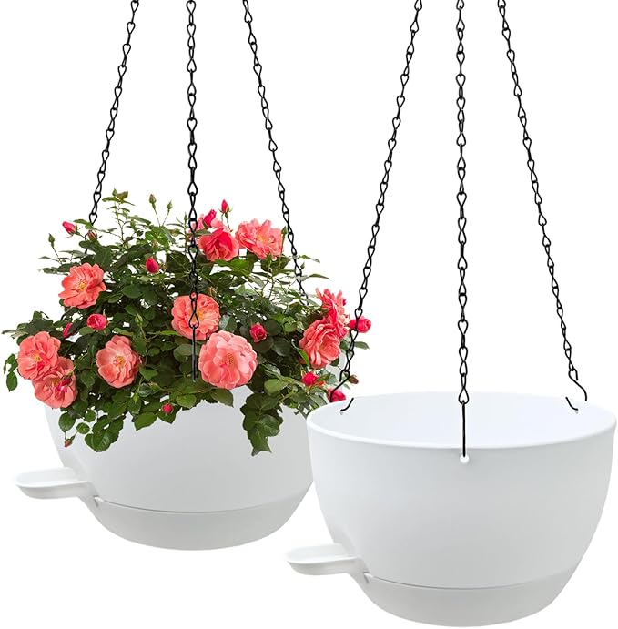 WOUSIWER Self Watering Hanging Planters, 2 Pack 10'' Plastic Pots with Drainage Holes & Reservoir Tray (White) | Indoor & Outdoor Use for Ferns, Ivy, Herbs, Succulents