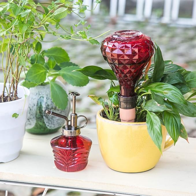 Glass Mini Watering Can Vintage Plant Mister Flower Water Spray Bottle and Faceted Glass Plant Watering Globe with Terracotta Spike,Red