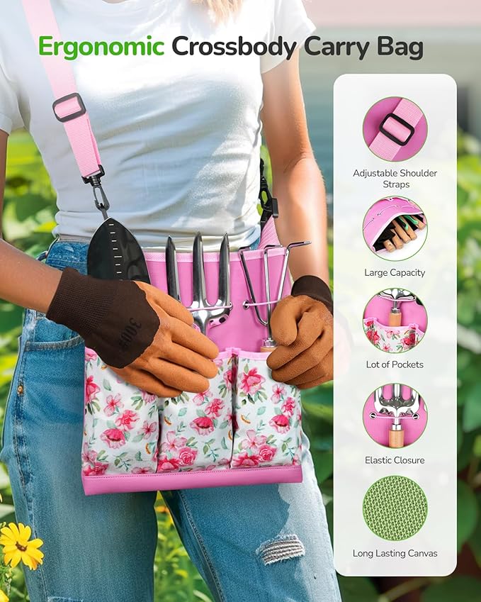 All-in-One Garden Tool Set, 11-Piece Heavy Duty Gardening Tools with Ergonomic Canvas Shoulder Crossbody Bag, Rust-Proof Premium Garden Tool Kit, Gardening Gift for Women Men (Pink)
