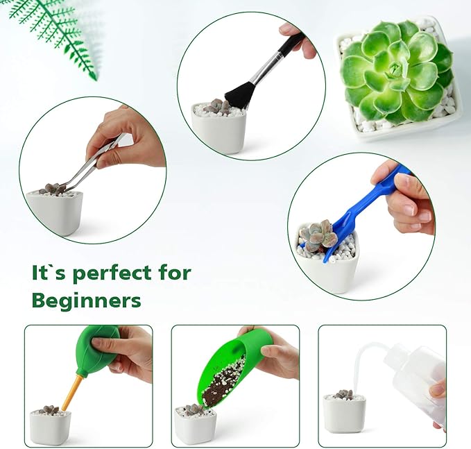 G GOOD GAIN Garden Succulent Kit with Organizer Bag, 15 Pieces Succulent Tools, Indoor Mini Hand Gardening Tools Set with Carrier for Bonsai Planter Miniature Fairy Planting Care(Green)