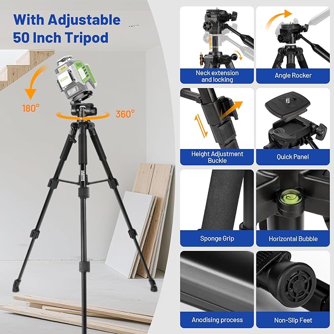 Laser Level 360 Self Leveling with 50inch Tripod, Huepar Pro 3 x 360° High Brightness Green Laser Leveler Tool for Construction, Tile and Picture Hanging, 8000mAh Li-ion Battery & Magnetic Bracket