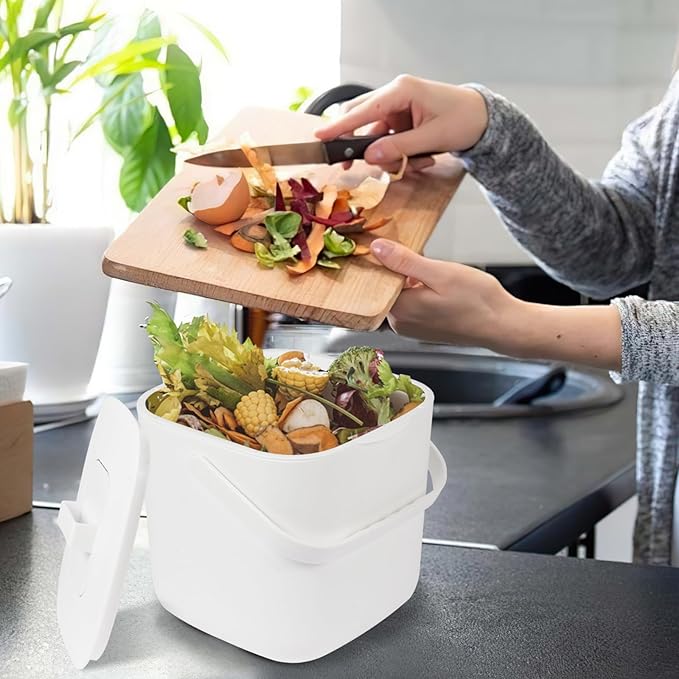 1.85 GAL/7L Kitchen Pail with Handle, Countertop Kitchen Bin, Odor-Tight Indoor Can with Lid， ecocultivatify Compost Bin, Good Helper for Bokashi & Worm Composting (White)