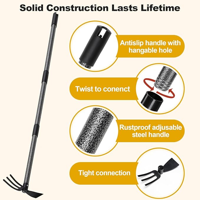 Hoe and Cultivator - 45” Long Handle - Heavy Duty Garden Hoe Tiller, Standing Hoe Garden Tools Durable Cultivator Hoes Hand Rake Fork for Gardening Weeding Planting Loosening Soil