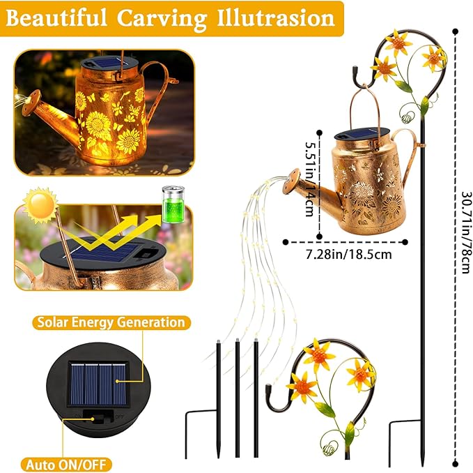 Solar Lights Outdoor Waterproof, Sunflower Solar Watering Can Lights with Shepherd Hook, Birthday Gifts for Mom Grandma Women Christmas, Metal Hanging Lantern Garden Decor Yard Outside Patio Lawn