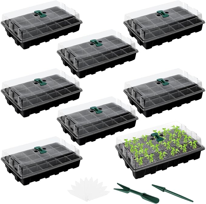 Elcoho 8 Pack 192 Cells Seed Starter Tray Kit Seedling Tray Propagator Plant Grow Tray with Humidity Dome and Base Plastic Planter for Greenhouse Germination Starter, 24 Cells per Tray, Black