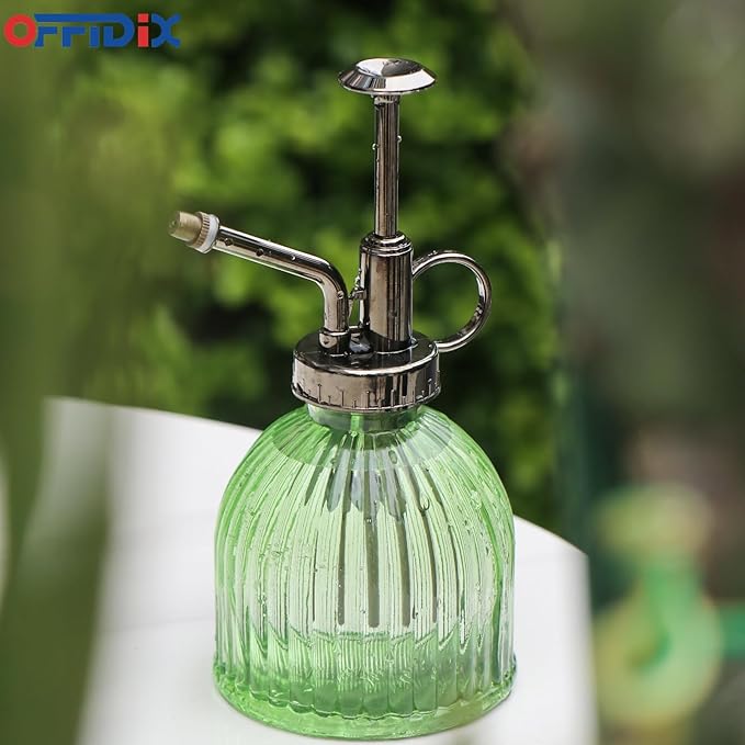 OFFIDIX Glass Plant Mister, 6.3 Inches Tall Vintage Style Spritzer Bronze Plastic Top Pump One Hand Watering Can Indoor Plant Spray Bottle for Garden, Plants, Cleaning (Light Green)