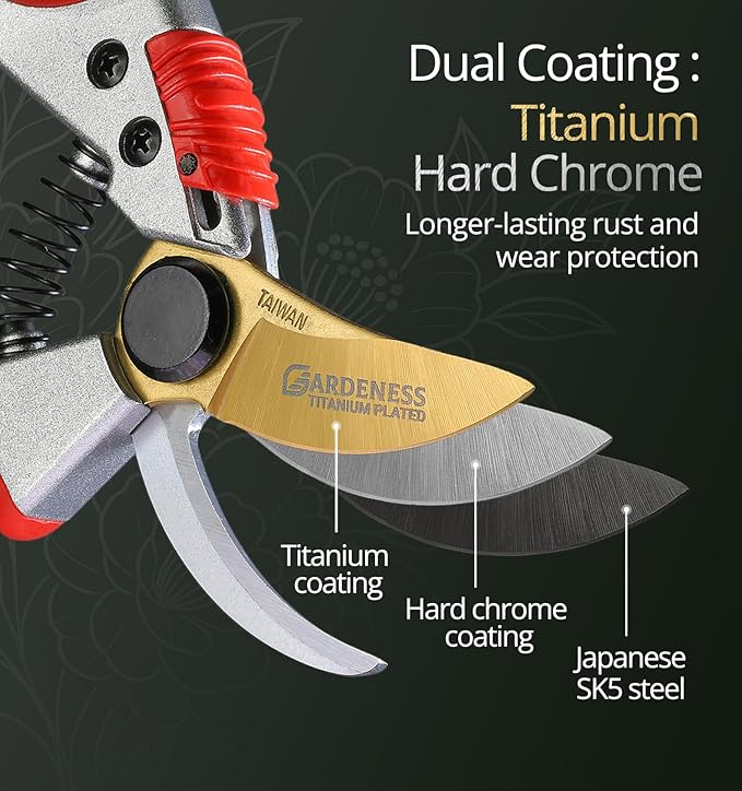 Gardeness Titanium Bypass Pruning Shears- SK5 Steel Garden Clippers For Gardening, Florist cutters-Floral Secateurs with Soft Comfort Grip Handles for Trimming Flowers, Branches, Shrubs and Plants