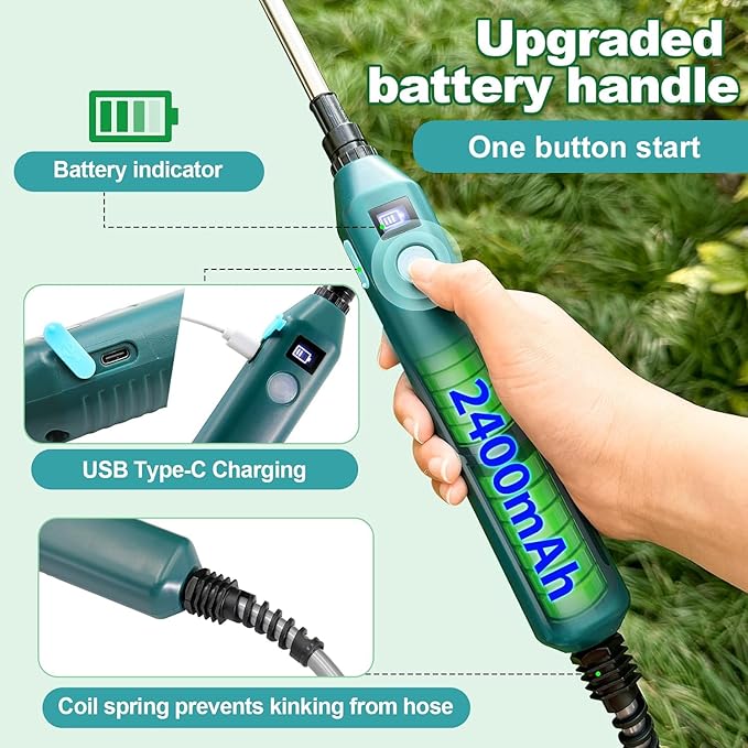 Battery Powered Sprayer Wand,23.6" Electric Sprayer Telescopic Wand with 3 Spray Forces, Battery Indicator, 16.4FT Hose, 3 Mist Nozzles for Lawn and Garden