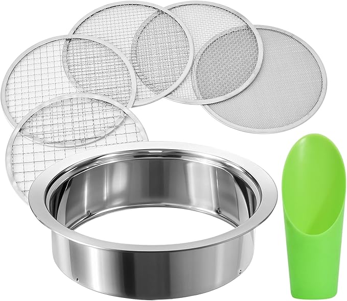 Soil Sieve Stainless Steel Riddle Sieve Set, 9.5" Diameter, Garden Sifter with 5 Filter Mesh Sizes 1,3,5,9,12mm and Bonsai Soil Scoops Gardening Tool