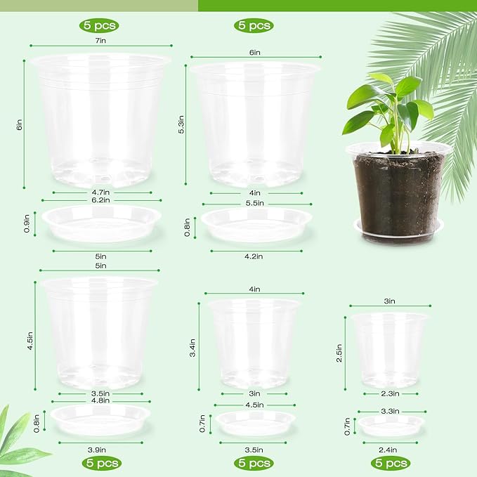 7/6/5/4/3 Inch Clear Nursery Pots with Drainage Trays, 25 Pack Plastic Pots for Plants, Clear Pot for Seed Starting, Transplanting, Succulents, and Indoor Gardening (3+4+5+6+7 inch)