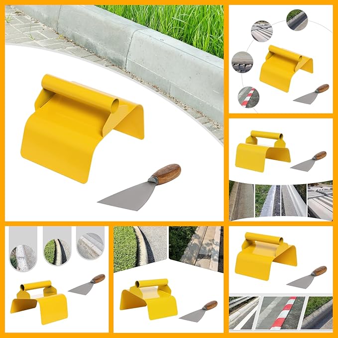 Concrete Curb Trowel Set with Handle & Putty Knife, Slope Shape, Heavy Duty 201 Stainless Steel, for Landscape Curb, Cement, Masonry & Model Making, DIY & Professional Use, 7.24*5.91*4.02in Yellow