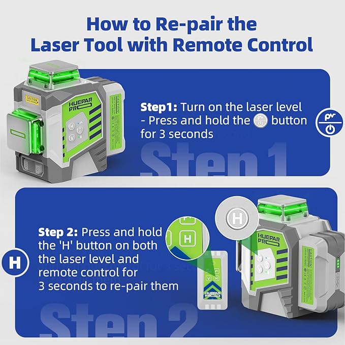 Laser Level 360 Self Leveling, Huepar Pro 3x360°High Accuracy Green Cross Line Laser for Construction and Picture Hanging, 12 Lines Level Laser Tool with 8000mAh Rechargeable Battery & Remote Control