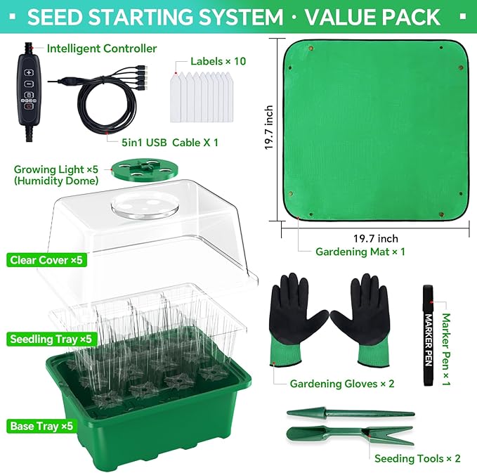 5-Pack Seed Starter Tray with Grow Light (Value Pack), 60 Cells Seed Starter Kit with Controller & Repotting Mat & Gloves & Marker, Indoor Grow Kit for Plant Seeds Starting Germination