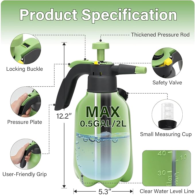 0.5 Gallon Hand Pump Sprayer for Garden Plant and Cleaning with 2 Adjustable Nozzle and Side Water Inlet & Safety Valve