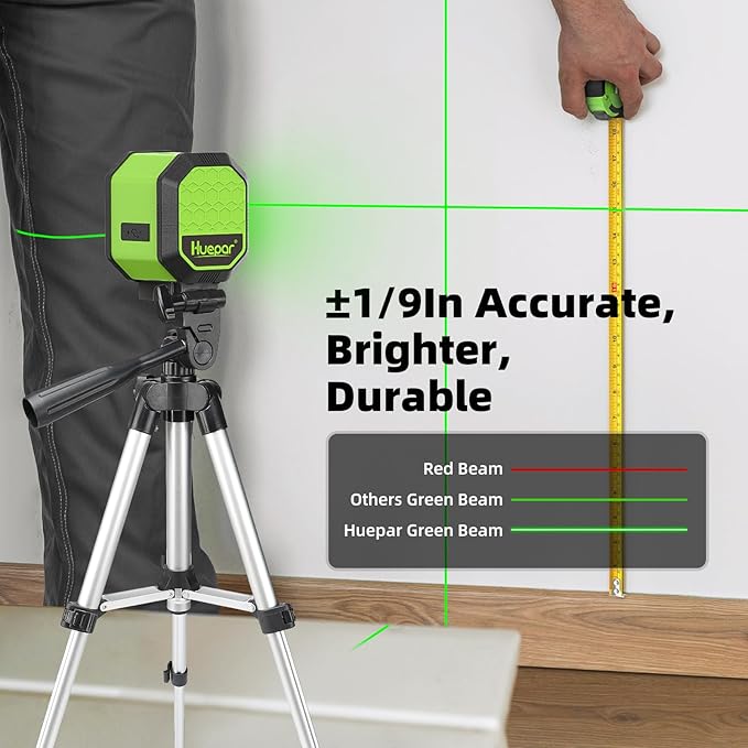 Laser Level with Tripod, HUEPAR 100Ft Self Leveling Laser Level Rechargeable Green Cross Line Laser Leveler Tool for Picture Hanging, Tile, Home Renovation, Carrying Bag Included (25.6 in Tripod)