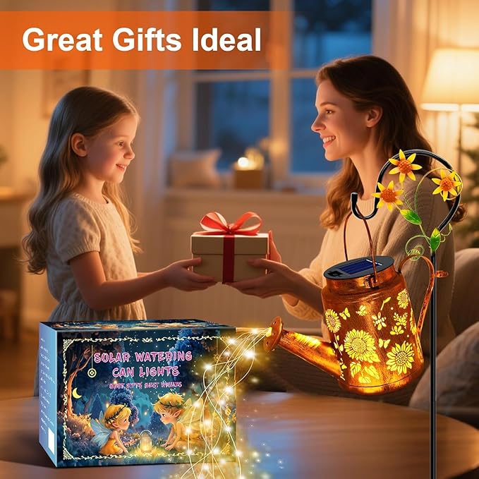 Solar Lanterns Outdoor, Sunflower Watering Can lights, Waterproof Hanging Lanterns Solar Path Lights Outside Yard Patio Gardren Decor, Gardening Birthday Gifts for Mom Grandma Women with Shepherd Hook