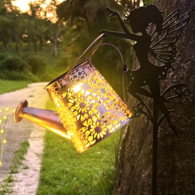 2Pack Solar Watering Can Lights,Waterproof Hollowed-Out Retro Metal Outdoor Lights with Fairy or Gnomes Accessories,Gifts for Mom Grandma Women Garden Patio Pathway Christmas Decor(Angel 1 style)