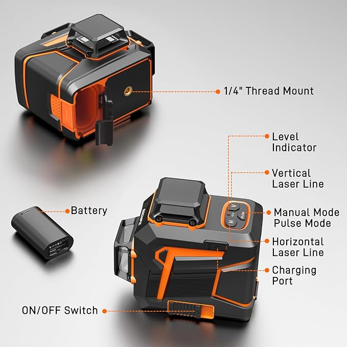 Laser Level 360 Self Leveling Green Line Laser Level Tool Wall Suction Stand Receiver 100ft Line Laser for Picture Hanging Outdoor Rechargeable Battery,3x360