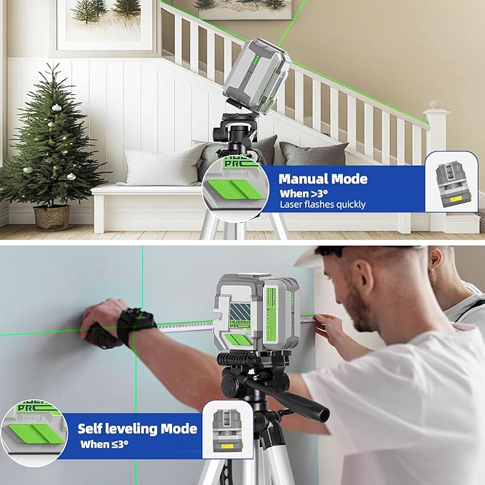 Laser Level Rechargeable, Huepar Pro Self Leveling Green Cross Line Laser Level Tool with Outdoor Pulse Mode, 18-Hour Long Runtime, 360° Magnetic Bracket, for DIY, Construction, Floor Tiles&Decoration