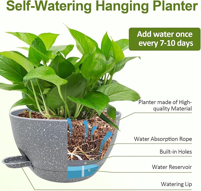 WOUSIWER Self Watering Hanging Planters, 2 Pack 10'' Plastic Pots with Drainage Holes & Reservoir Tray (Speckled Grey) | Indoor & Outdoor Use for Ferns, Ivy, Herbs, Succulents