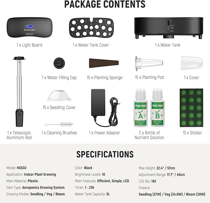 NEEWER Basics Silent Aeroponics Growing System Kit, Hydroponics with Atomization Tech LED Grow Light 3 Modes 15 Seed Pods Timer LCD, Indoor Gardening Plant Food Vegetable Herb Garden Planter, HGS02