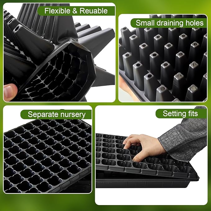 10Pcs 128 Cell Seed Starter Trays, Thick Durable Nursery 128 Cell Plug Tray Seedling Flat Plastic Shallow Tray for TD538 1020 Trays (21.26", 11.02", Deep 1.89"), GGBQ128