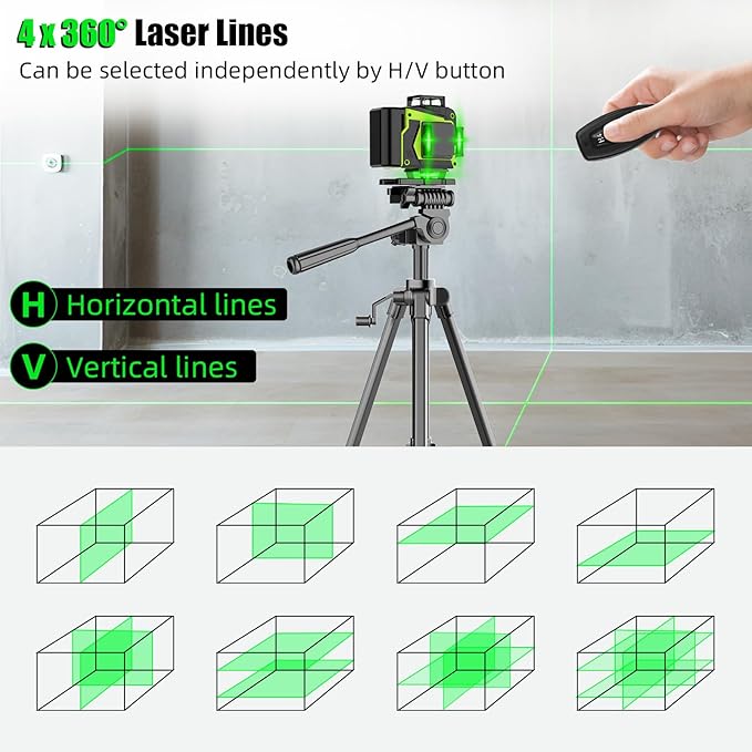 16 Line Laser Level 360 Self Leveling,Professional 4x360°Green Cross Line laser Level Tool for Construction and Picture Hanging,lazer leveler tool with 2 Batteries,Magnetic Bracket & Remote Control