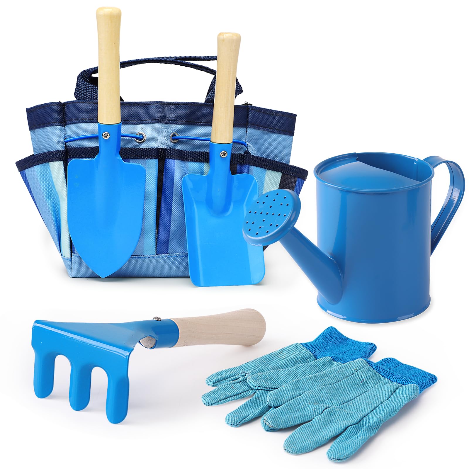 Kids Gardening Tools Set, Toddler Play Kit Child Outdoor Toy with Gloves, Watering Can, Metal Shovel, Rake, Spade & Storage Bag, Backyard Sand Digging Holiday Birthday Gift for Boy Girl 3 4 5 (Blue)
