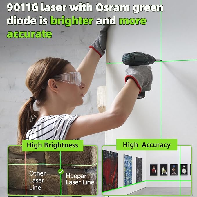 Huepar Laser Level, 100Ft Self Leveling Green Cross Line Laser for Picture Hanging, Tile, Decoration & DIY Construction – 360° Magnetic Base & AA Battery, Indoor Use
