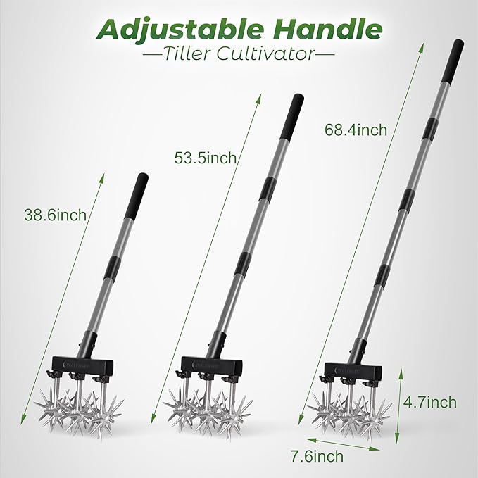Walensee Rotary Cultivator Garden Tool – Adjustable Hand Tiller for Gardening & Lawn Care with Rustproof Aluminum Blades, Telescopic Handle, Lightweight Nylon Base – Soil Aerator & Grass Reseeder