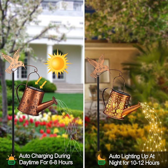 Outdoor Hanging Solar Lantern Waterproof Set Outside Metal Openwork Hummingbird Watering can Landscape Lights for Garden Yard Patio Pathway Decor Birthday Gifts for Women Mom Grandma -with Floor Pole