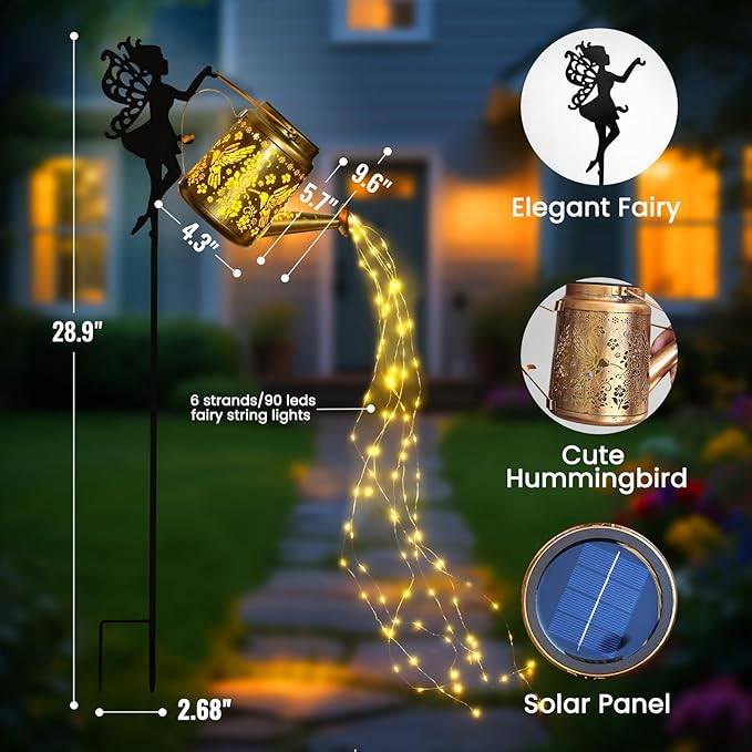 X-PREK Solar Lights Outdoor Waterproof, Fairy Solar Garden Lights Outdoor Decoration, Hummingbird Solar Watering Can Light Gardening Gifts for Mom Grandma 2 Packs
