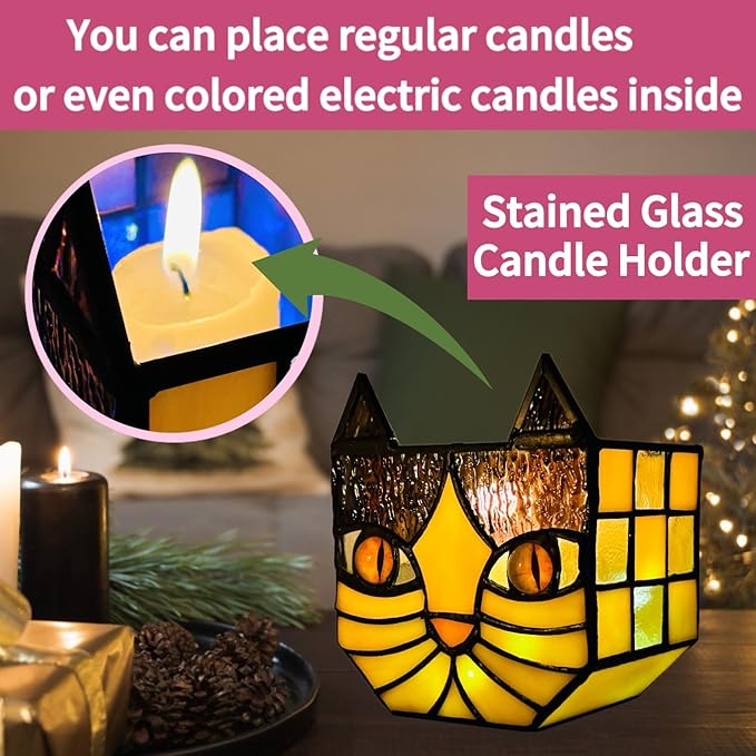 Yellow Cat Plant Pot with Drainage,Cute Planters for Indoor Plants,Stained Glass Cat Flower Pots,Fun Candle Holder Glass Container,Gifts for Gardeners Woman