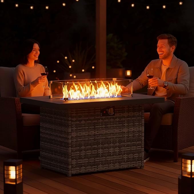 Propane Fire Pit Table, 44" Outdoor Gas Fire Pit with Glass Wind Guard & Waterproof Cover
