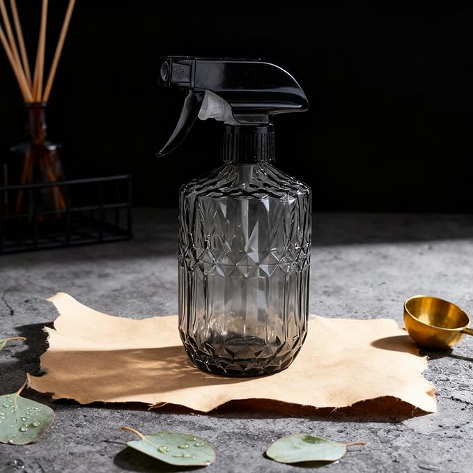 Glass Handheld Spray Bottle, 15oz Refillable Water Bottle Spray, Reusable Adjustable Nozzle Plant Mister Spray Bottles Indoor, Plant Mister for Hair, Cleaning, Gardening, Pets Care (Dark Grey)