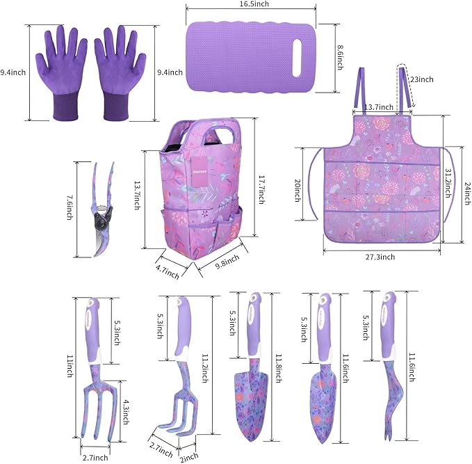Purple Garden Tool Sets 10-Piece, Aluminum Alloy Steel Hand Tools w/Non-Slip Ergonomic Handle, Floral Print Garden Supplies Organizer Handbag, Cute Gardening Tools Gift for Women Grandmother