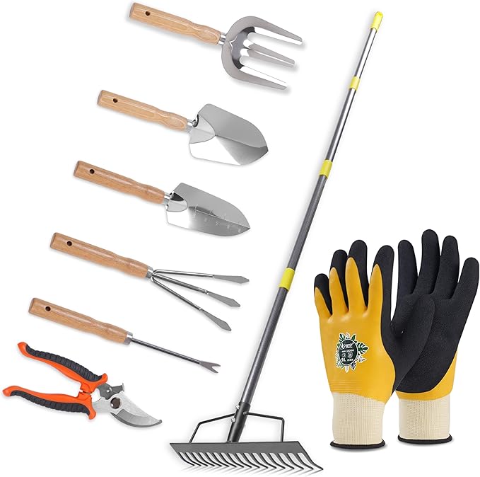 8 Piece Stainless Steel Gardening Tool Set - 17 Tine Heavy Duty Rake, 5 Piece Hand Tool Kit, Pruning Shears, and Gloves - All Season Gardening Essentials
